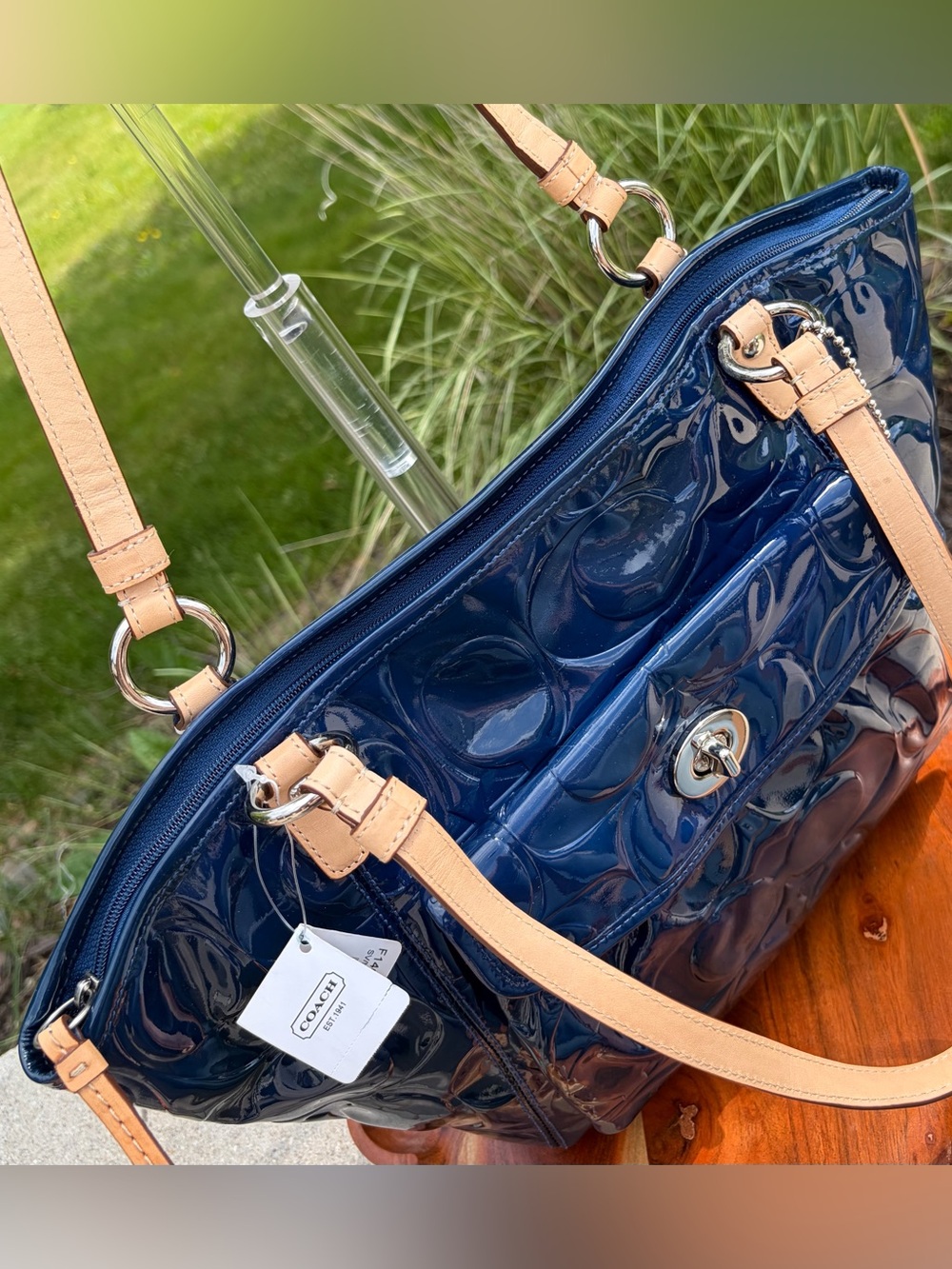 Coach Signature Embossed Leah Navy Patent Leather Tote F14663 - Picture 6 of 17